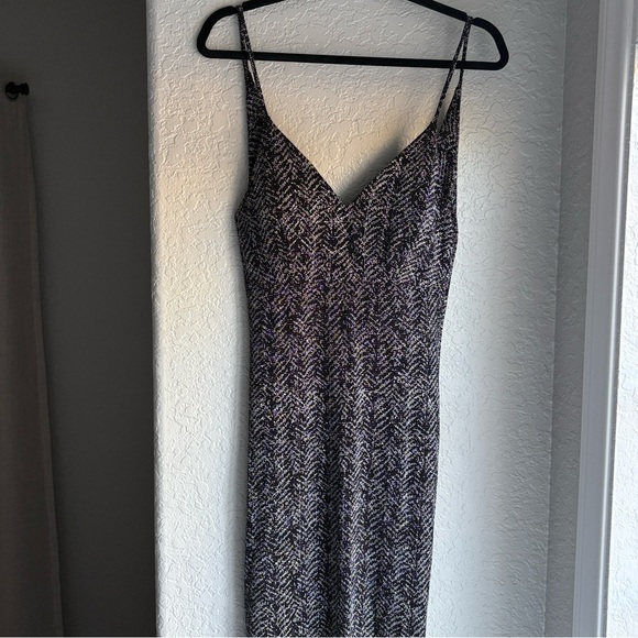 Vintage Windsor Black and Silver Stretchy Patterned Knit Open Back Drape Dress L - Picture 2 of 16